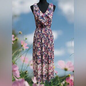 DOE & RAE BLUE/PINK FLORAL SLEEVELESS RUFFLE V-NECK CRUISE WEAR MAXI DRESS SZ S